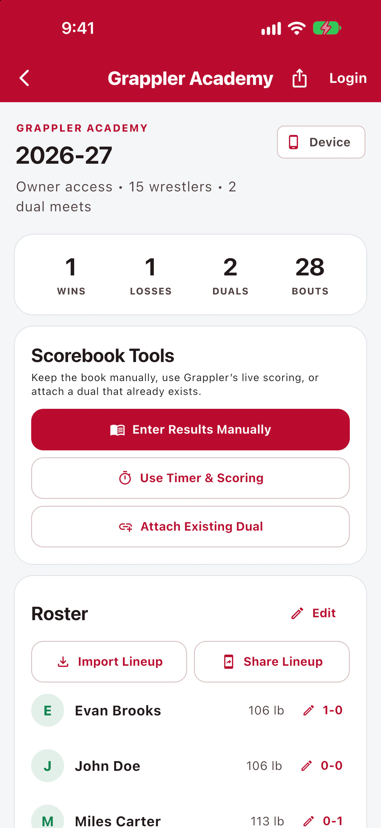 Grappler Academy digital scorebook showing its fictional 2026–27 season, roster tools, and dual-meet totals