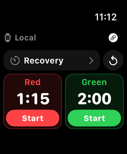 Grappler on Apple Watch showing red and green recovery timers ready to start