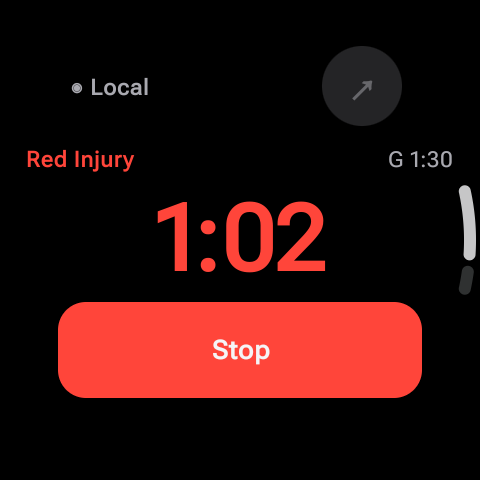 Grappler on Wear OS showing an active red injury timer with 1 minute 2 seconds remaining